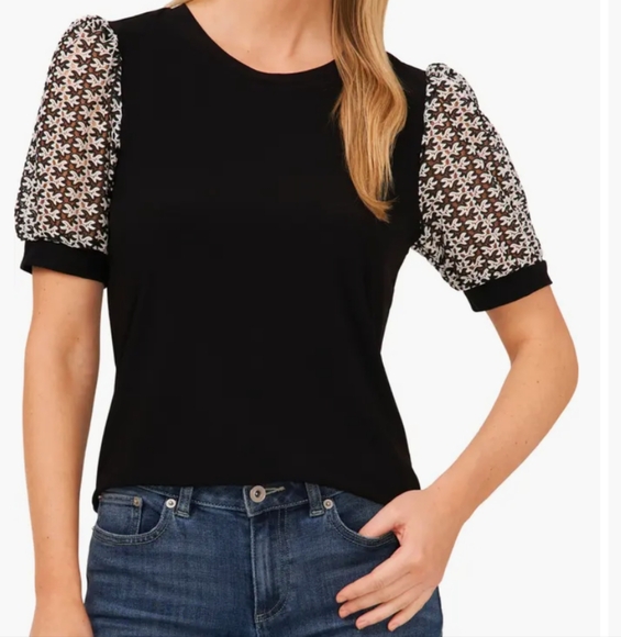 CeCe Tops - CeCe Black Top with White Patterned Puff Sleeves